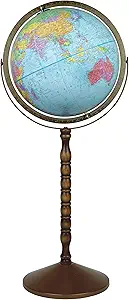 Treasury 12" Diameter Globe, USA Cartography, Convertible to Desktop with Raised Mountain Relief and Sturdy Metal Base and Hand Turned Hard Wood Stand. This economical 12” floor model stands 32” high on a durable metal base and attractive wooden pedestal. Easily converted to a table globe, added features include gyro-matic mounting and calibrated full meridian.