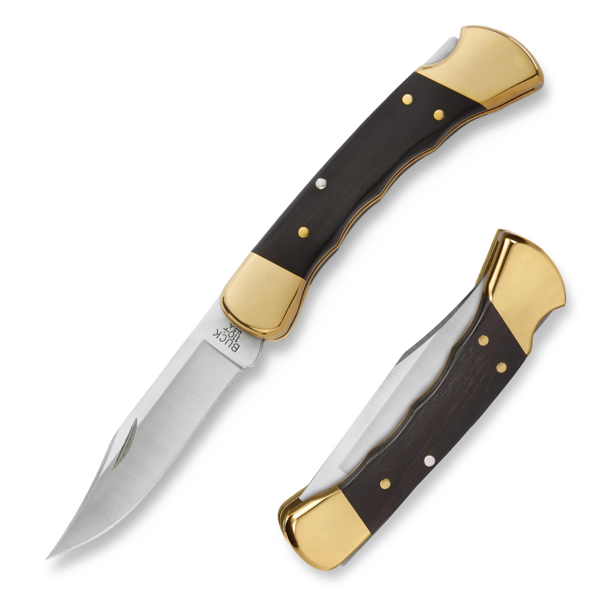 Buck Knives 110 Folding Hunter Knife with Finger Grooves, 3-3/4" Blade, Lockback Design, Ebony Handle, 420HC Stainless Steel Clip Point Blade, Sheath Included, Hunting Knife Made in the USA, 7.2 oz