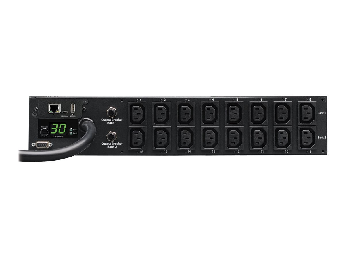 Tripp Lite Switched PDU, 30A, 16 Outlets (C13), 208/240V, L6-30P Input, 12 ft. Cord, 2U Rack-Mount Power, TAA (PDUMH30HVNET)