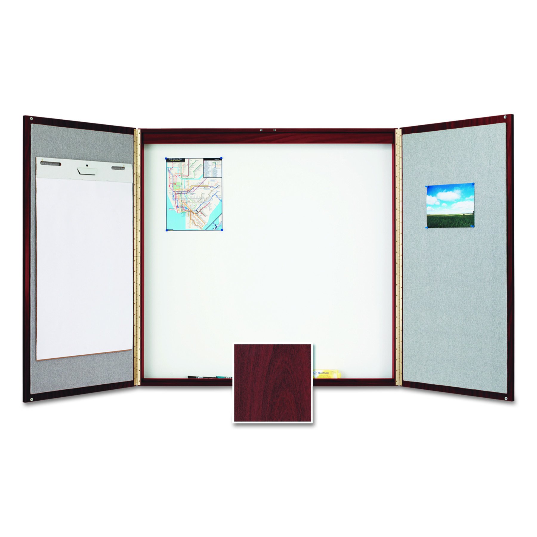 Quartet Conference Room Cabinet with Porcelain Writing Surface, 4 x 4 Feet, Mahogany Laminate Finish (878) Brown